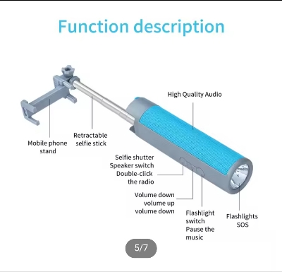 Picture of New 5 in 1 Multifunctional Extendable Selfie Stick Wireless Speaker With Flashlight Power Bank Phone Holder Portable Speakers