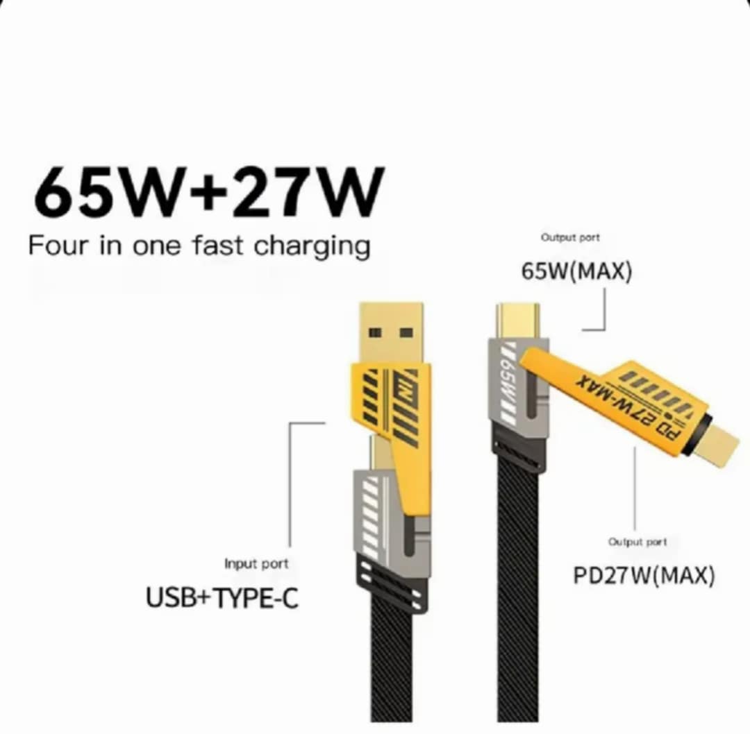 Picture of 65W & PD27W Fast Charging Cable with Data Transfer for iPhone, Samsung, and More - 4 in 1 Mecha Cable