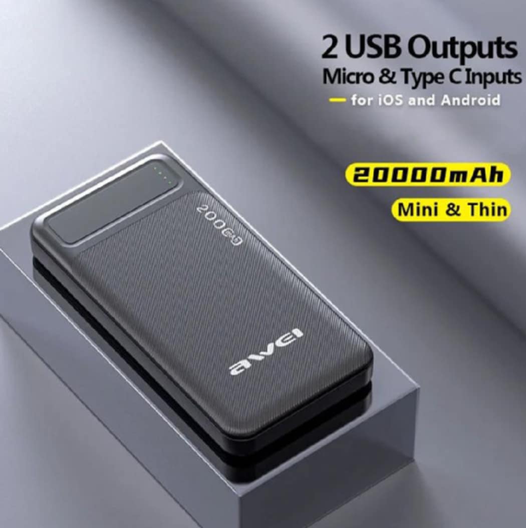 Picture of Awei P6K 20000mAh Fast Charging Dual USB Port Powerbank Micro USB and Type C Input Power Bank Black