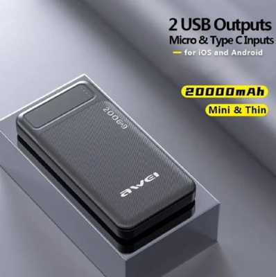 Picture of Awei P6K 20000mAh Fast Charging Dual USB Port Powerbank Micro USB and Type C Input Power Bank Black