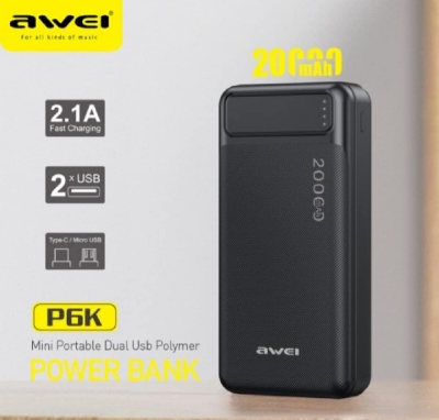 Picture of Awei P6K 20000mAh Fast Charging Dual USB Port Powerbank Micro USB and Type C Input Power Bank Black