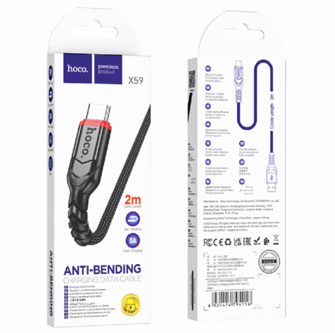 Picture of Hoco X59 Victory Anti-Bending USB Type C Fast Charging Data Cable 3A 2 Meter