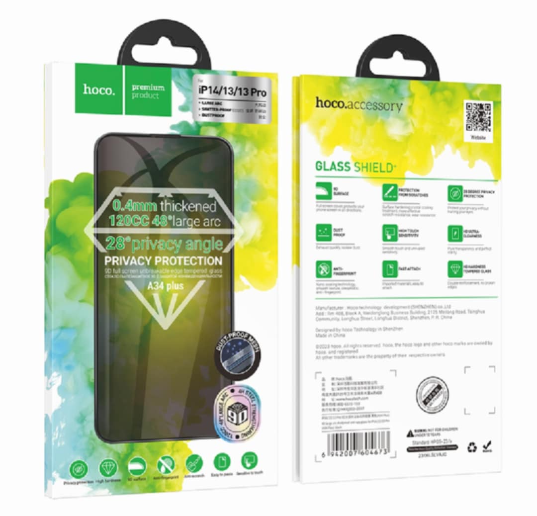 Picture of Hoco A34 Plus 9D Large Arc Dustproof Anti-spy Privacy Protection Tempered Glass for iPhone 14 / 13/ 13 Pro