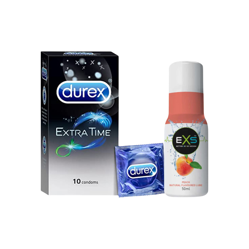 Picture of Condom & Lubricant Combo - EXS Peach Natural Flavoured Lube 50ml & Durex Extra Time Condoms 10pcs Pack - Wedding & Honeymoon Combo Pack