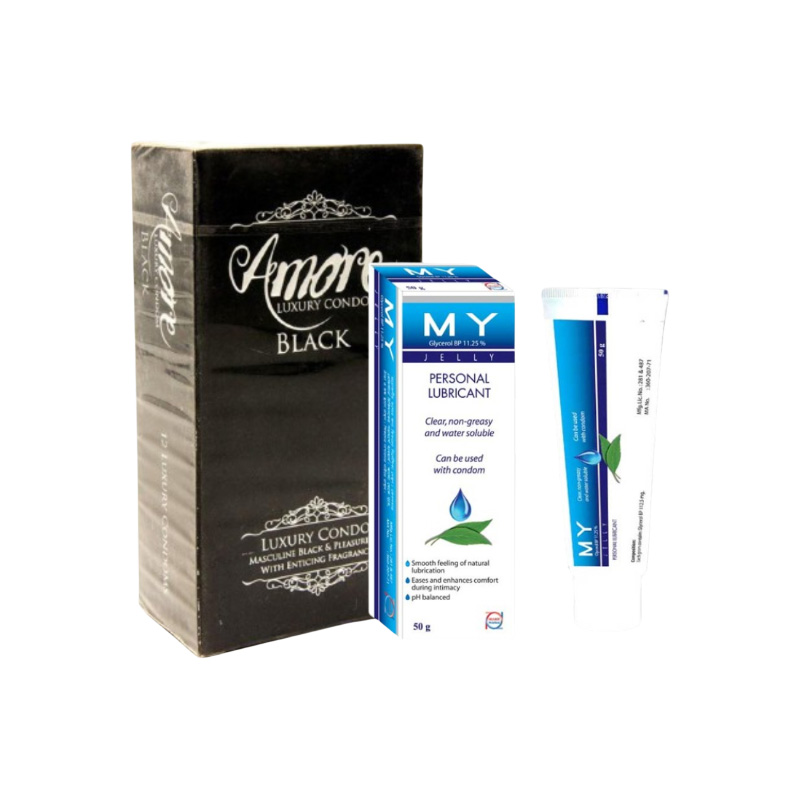 Picture of Amore Luxury Black Condom Full Box 3x6=18pcs & MY Jelly Personal Lubricant 50gm Tube | Works Like KY Jelly