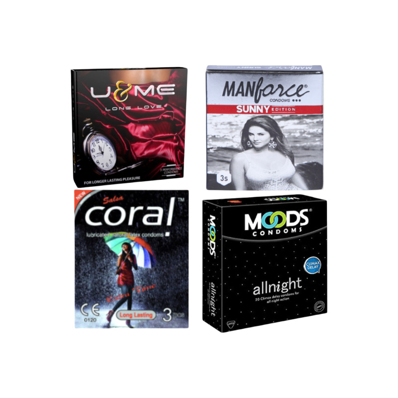 Picture of Wedding & Honeymoon Combo Package for Long Time Lovers - U&Me Long Love, Coral Long Lasting Extra Time, Moods All Night & Manforce Sunny Condom - Each Pack contains 3pcs Condom - Total 12pcs Condom