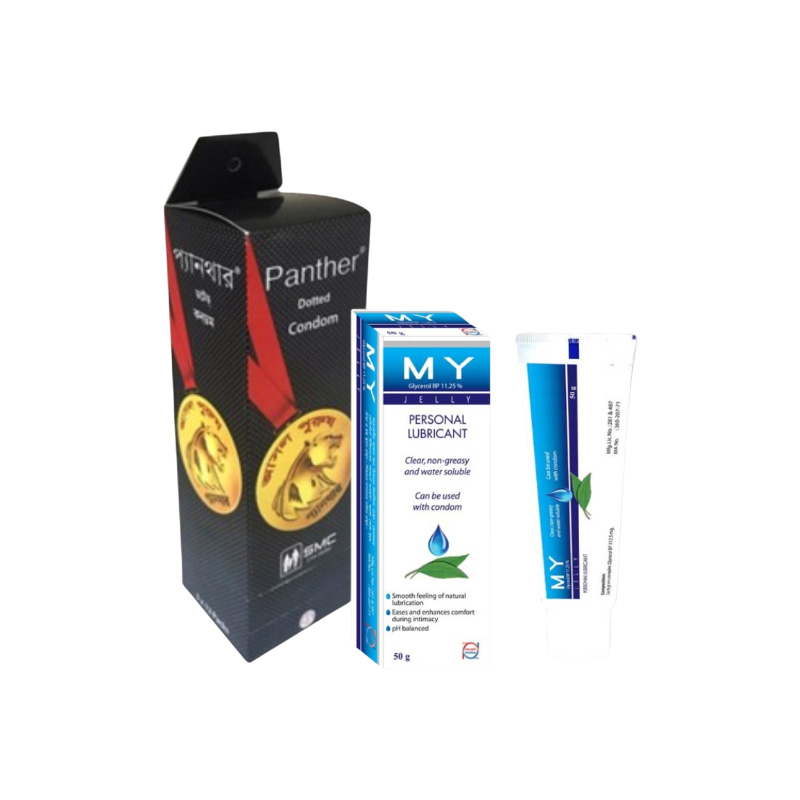 Picture of Condom & Lubricant Condom - Panther Dotted Condom Full Box & MY Jelly Personal Lubricant 50gm Tube (Works Like KY Jelly)