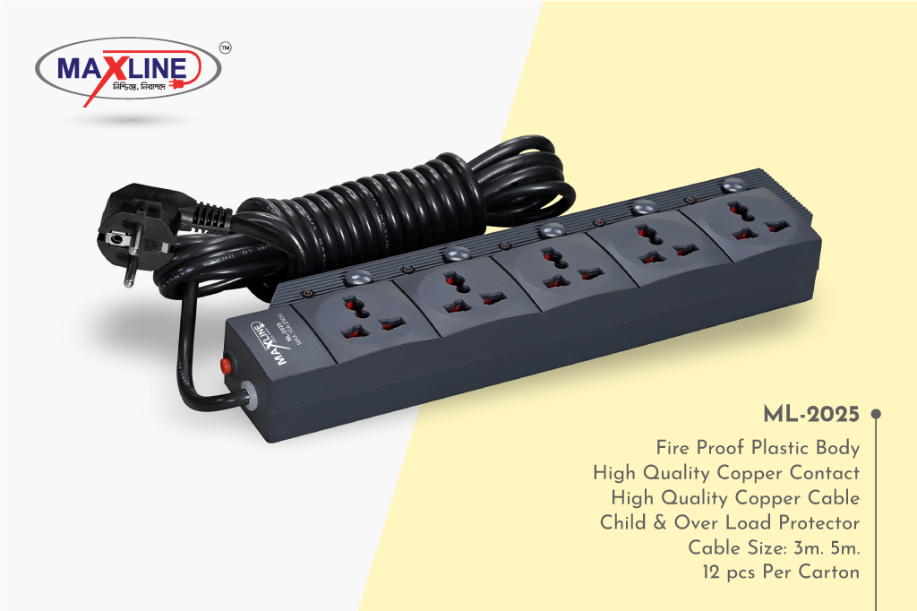 Picture of Maxline 5 Gang Multi Extension Socket Model: ML-2025=2 Pin Plug/ 5 Miter Wire ( 16 Fit/Hand Long Wire )