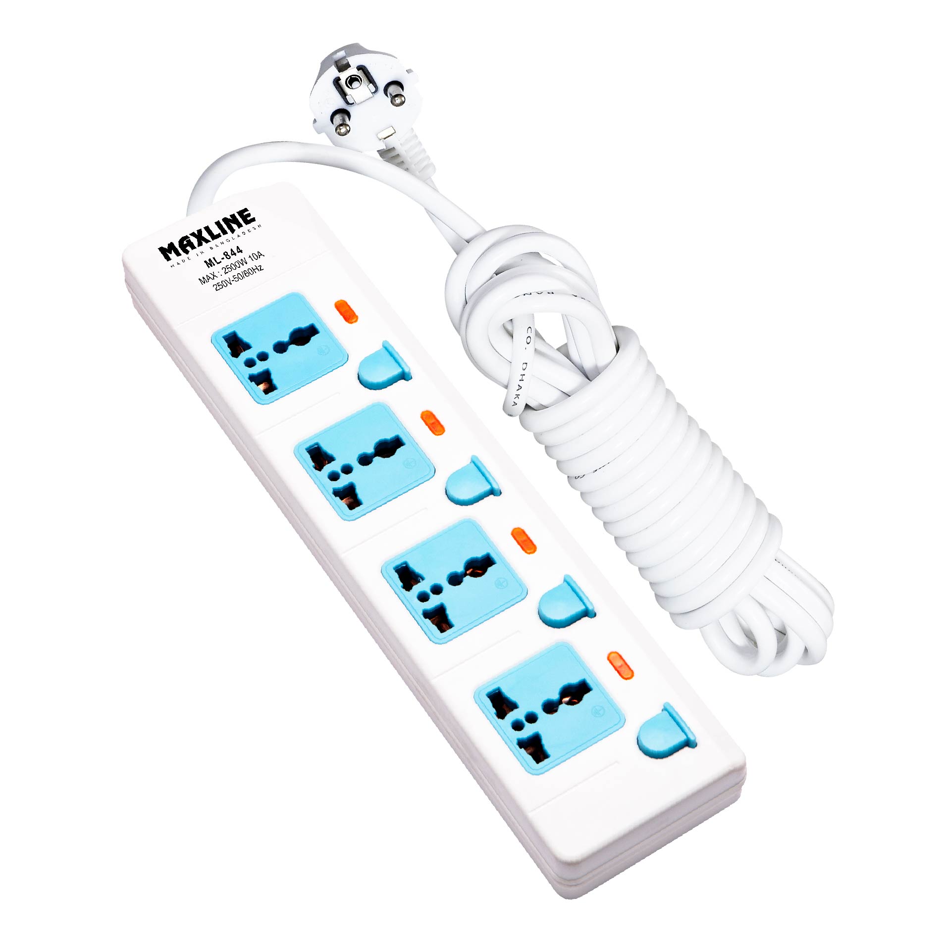 Picture of Maxline 4 Port Multi Extension Socket Model: ML-844-2 pin Plug/ 3 Miter Wire= 10 fit/hand  Long Wire