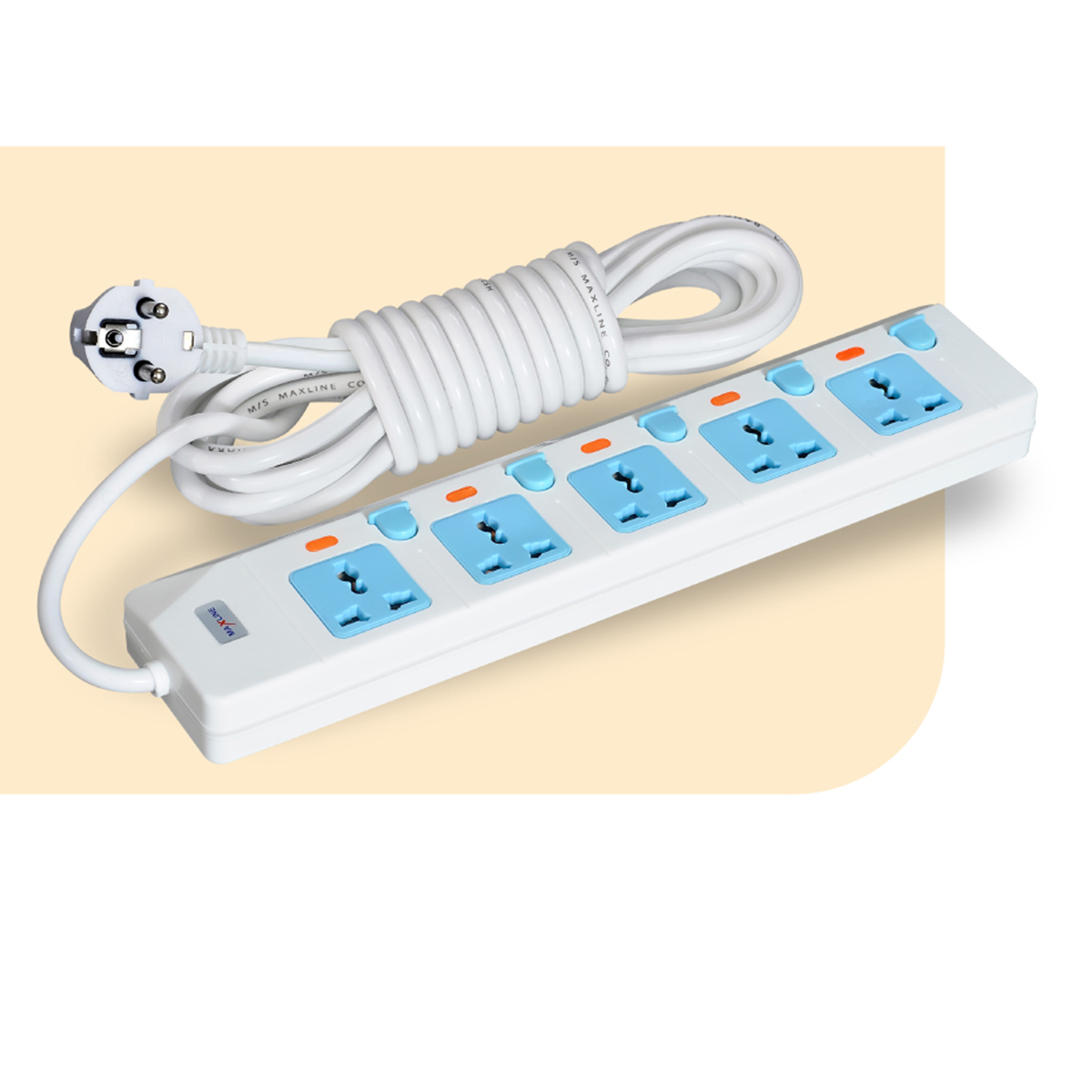 Picture of Maxline 5 Port Multi Extension Socket Model: ML-855-2pin plug/3 Miter Wire (10 Fit/Hand Long Wire)