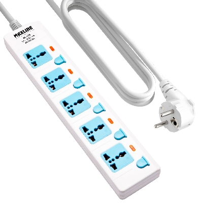 Picture of Maxline 5 Port Multi Extension Socket Model: ML-855-2pin plug/3 Miter Wire (10 Fit/Hand Long Wire)