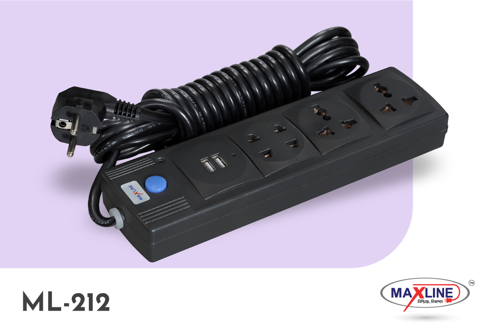 Picture of Maxline Dual USB Multiplug 4 Port Extension Socket Model- ML- 212 -5 Miter Wire , ( 16 Feet Cable)