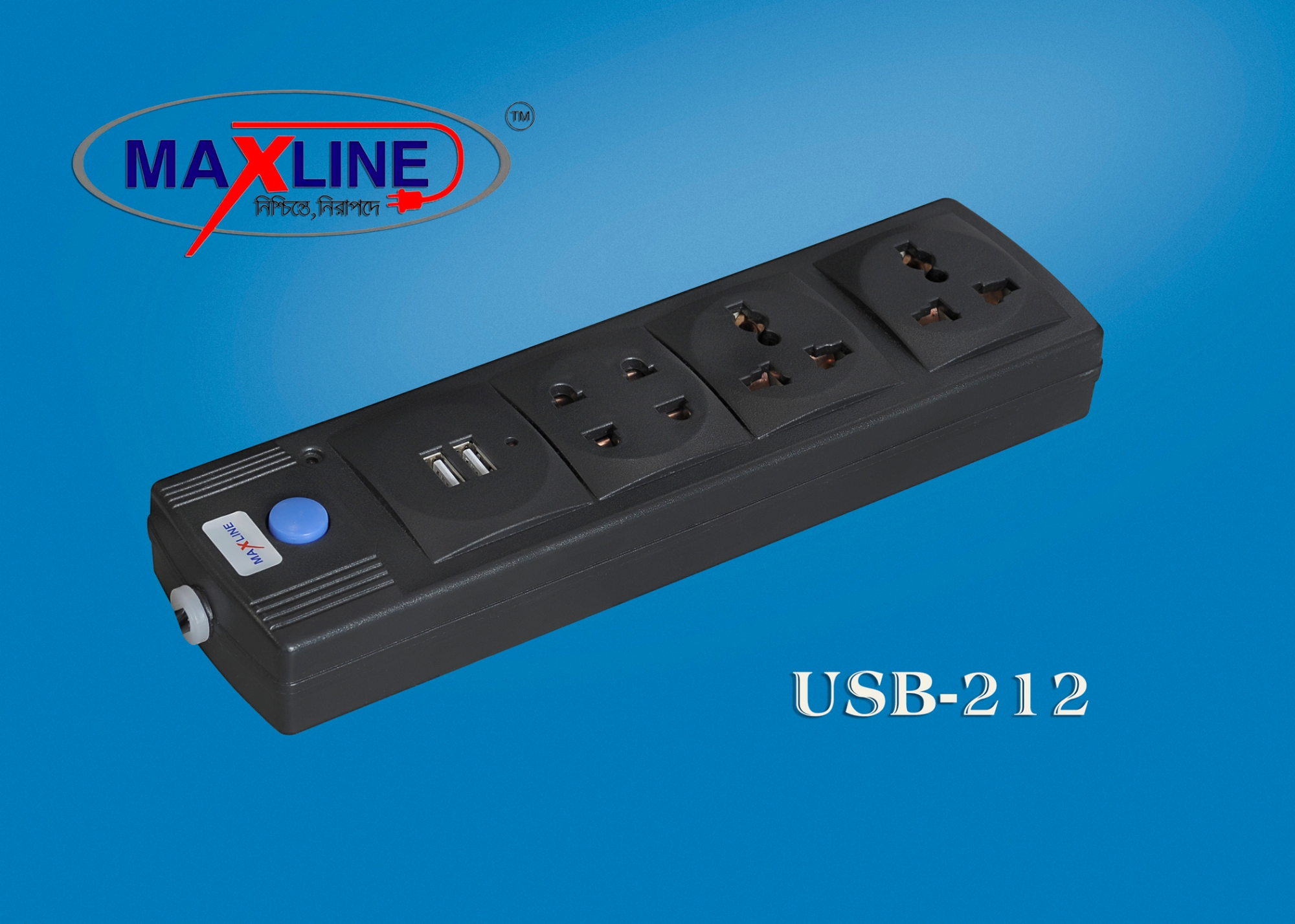 Picture of Maxline Dual USB Multiplug 4 Port Extension Socket Model- ML- 212 -5 Miter Wire , ( 16 Feet Cable)
