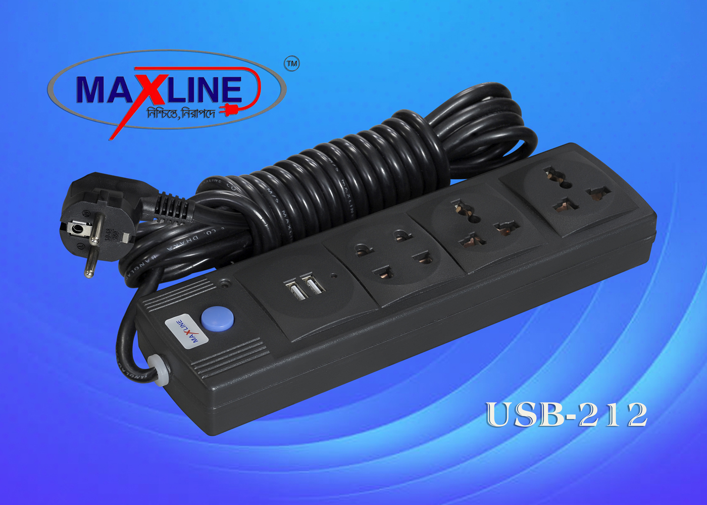 Picture of Maxline Dual USB Multiplug 4 Port Extension Socket Model- ML- 212 -2 Miter Wire , ( 7 Feet Cable)