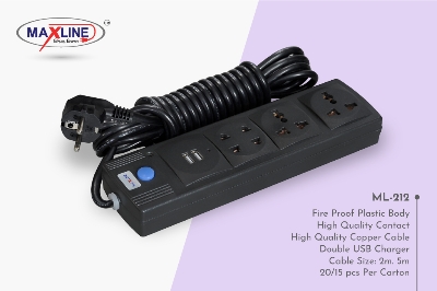 Picture of Maxline Dual USB Multiplug 4 Port Extension Socket Model- ML- 212 -2 Miter Wire , ( 7 Feet Cable)