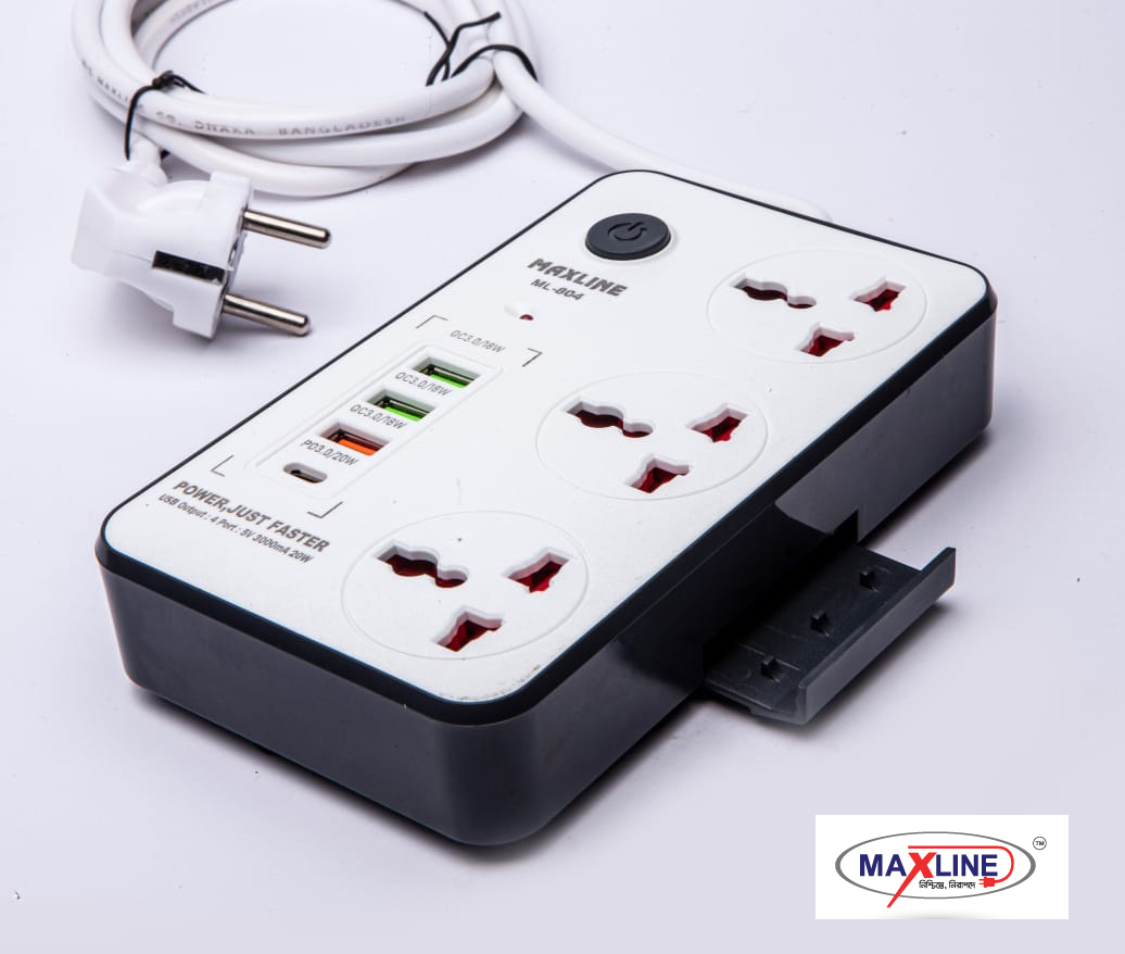 Picture of Maxline  Durable Multiplug Model: ML-804, 3 Sockets & 4 USB Fast Charging Multiplug Power Strip-2 Miter Wire/7 Fit Cable: