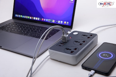 Picture of Maxline  Durable Multiplug Model: ML-804, 3 Sockets & 4 USB Fast Charging Multiplug Power Strip-2 Miter Wire/7 Fit Cable:( Black Color)