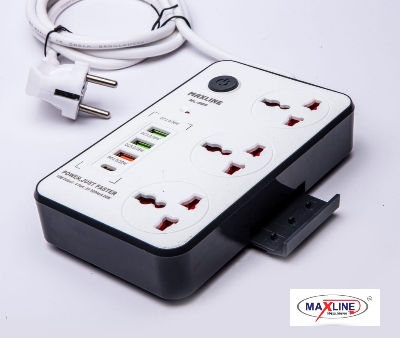 Picture of Maxline  Durable Multiplug Model: ML-804, 3 Sockets & 4 USB Fast Charging Multiplug Power Strip-2 Miter Wire/7 Fit Cable:( White Color)