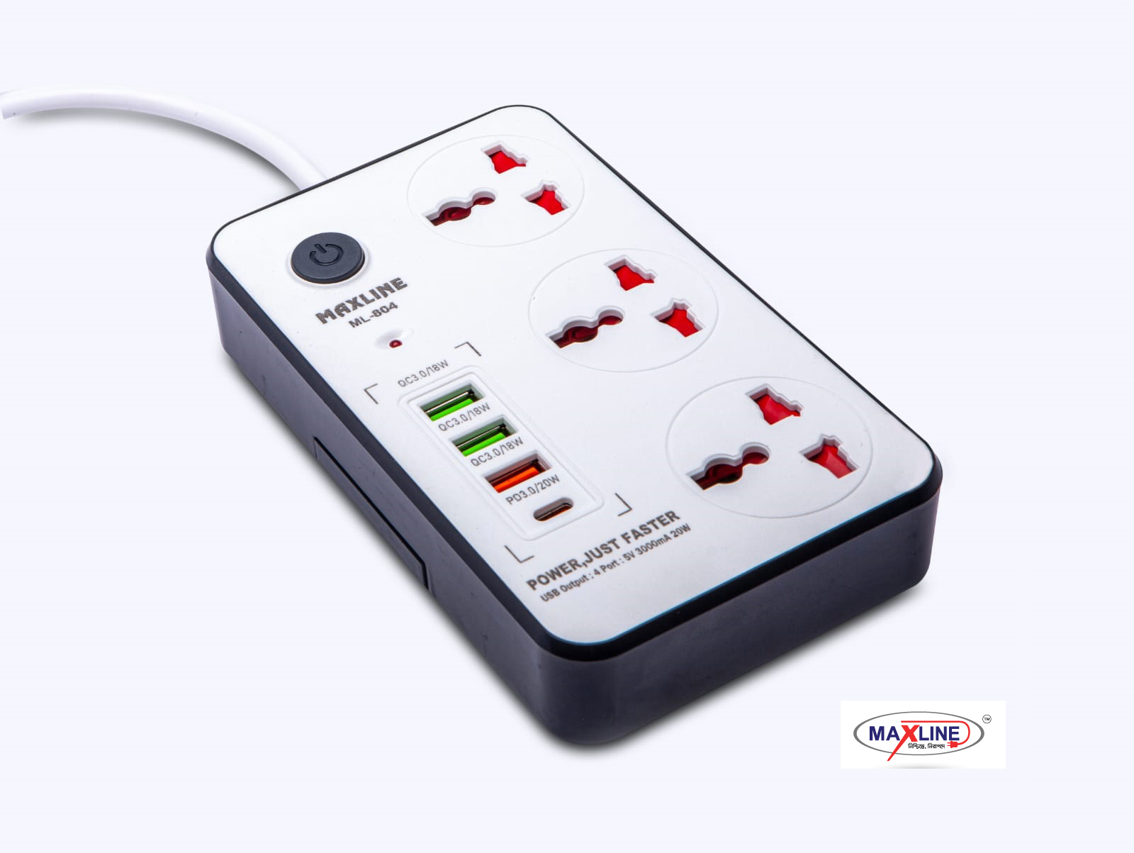 Picture of Maxline  Durable Multiplug Model: ML-804, 3 Sockets & 4 USB Fast Charging Multiplug Power Strip-2 Miter Wire/7 Fit Cable:( White Color)