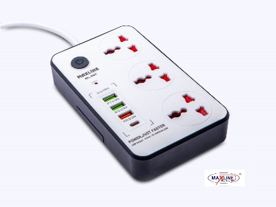 Picture of Maxline  Durable Multiplug Model: ML-804, 3 Sockets & 4 USB Fast Charging Multiplug Power Strip-2 Miter Wire/7 Fit Cable:( White Color)