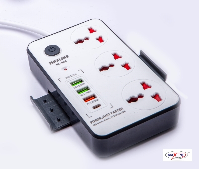Picture of Maxline  Durable Multiplug Model: ML-804, 3 Sockets & 4 USB Fast Charging Multiplug Power Strip-2 Miter Wire/7 Fit Cable:( White Color)