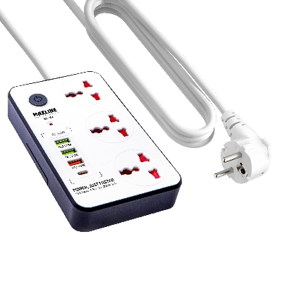 Picture of Maxline  Durable Multiplug Model: ML-804, 3 Sockets & 4 USB Fast Charging Multiplug Power Strip-2 Miter Wire/7 Fit Cable:( White Color)