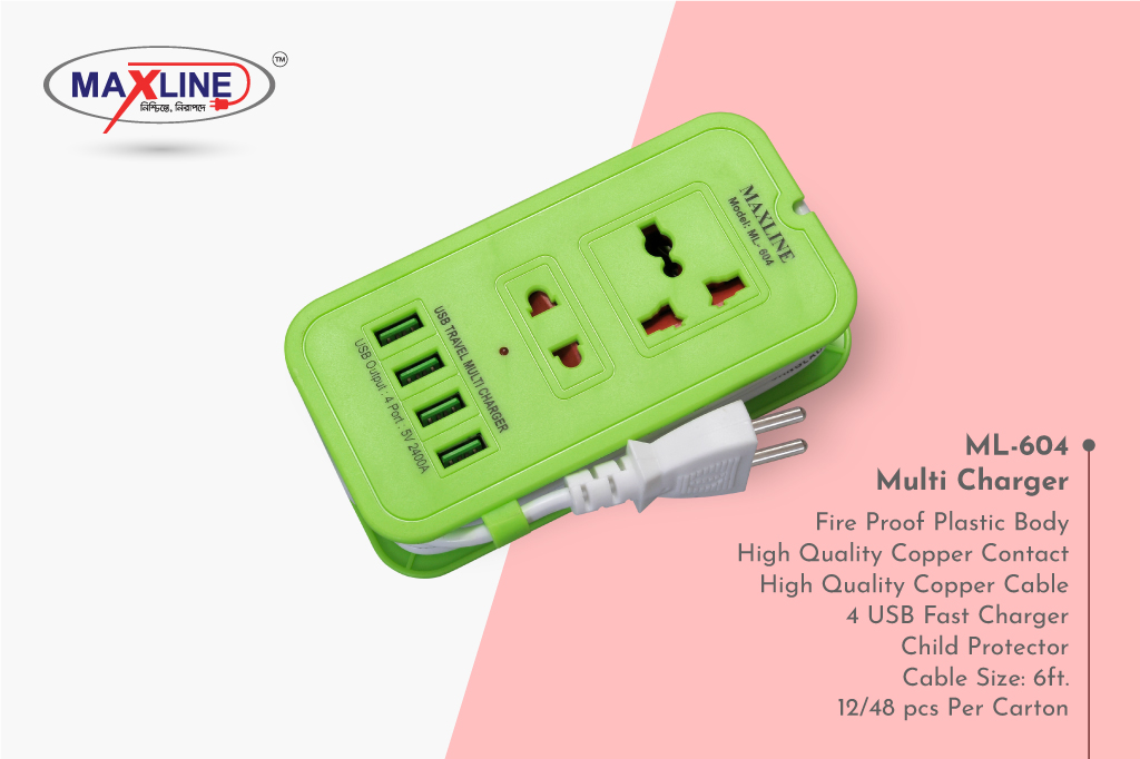 Picture of Maxline 4 USB Fast Charging Extension Socket -ML-604-6 Fit Cable(Green Color)