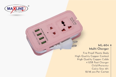 Picture of Maxline 4 USB Fast Charging Extension Socket -ML-604-6 Fit Cable (Crem Color)
