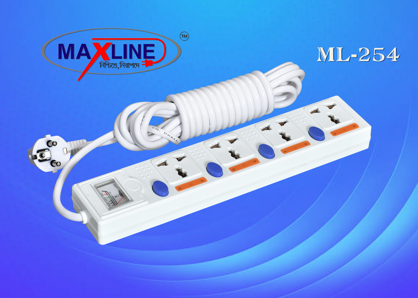Picture of Maxline 4 Gang Multi Extension Socket Model: ML-254-2pin Plug/ 5 Miter Wire (16 Fit/Hand Long Wire)