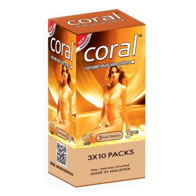 Picture of Pack of 1x3 =3 Pcs Coral 3 Fruits Flavors Condom  1 mini   BOX malaysia