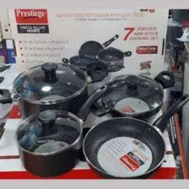 Picture of Prestige Omega Granite (Set of 7 Pieces with Sos Pan, korai, fry pan, milk pan ) Induction Bottom Cookware Set (Aluminium, 7 - Piece)
