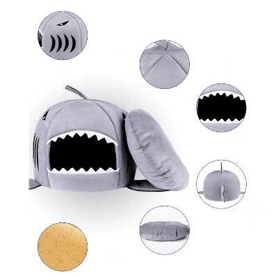 Picture of Washable Shark Pet House Cave Bed For Dog Cat With Removable Cushion And Waterproof Bottom Pet House