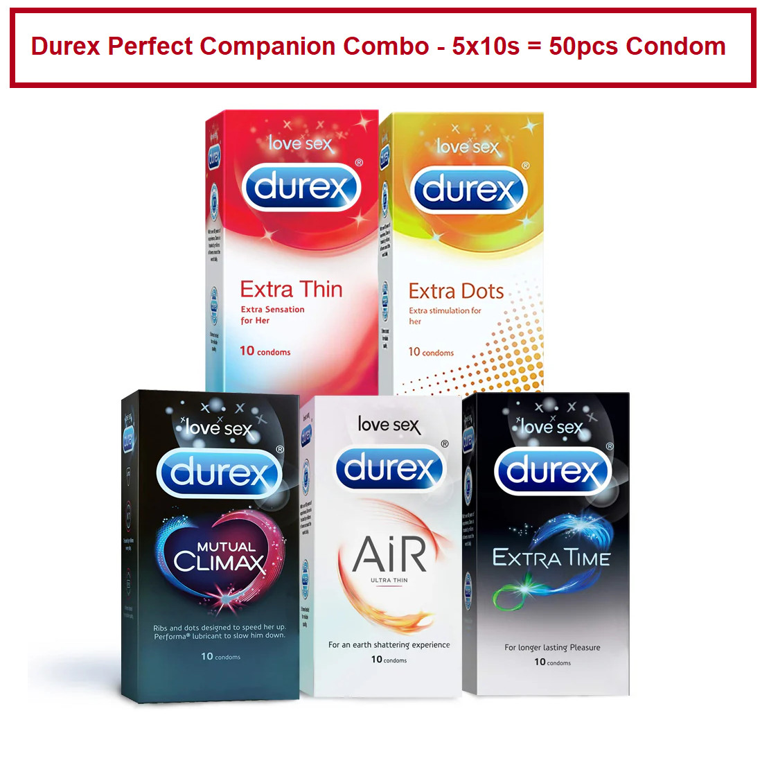 Picture of Durex Perfect Companion Combo - 5x10s = 50pcs Condom - Extra Thin , Extra Time , Dots, Air , Mutual Climax 10s