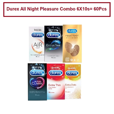 Picture of Durex All Night Pleasure Combo Pack of 10 X 6 = 60Pcs Condom - Extra Dots , Extra Thin, Extra Time, Mutual Climax , Real Feel and Air