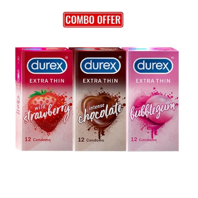 Picture of Durex Assorted Flavours Combo Pack of 3 = 36Pcs Condom - Durex Extra Thin (Bubblegum 12s + Chocolate 12s + Strawberry 12s)
