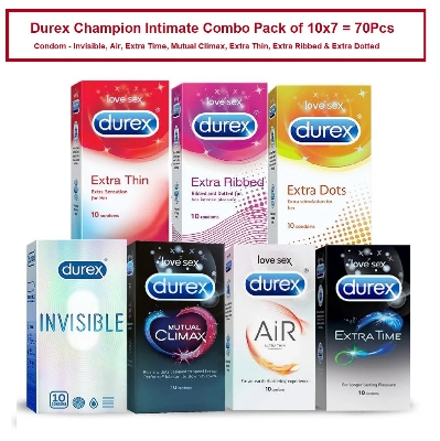Picture of Durex Champion Intimate Combo Pack of 10x7 = 70Pcs Condom - Invisible, Air, Extra Time, Mutual Climax, Extra Thin, Extra Ribbed & Extra Dotted