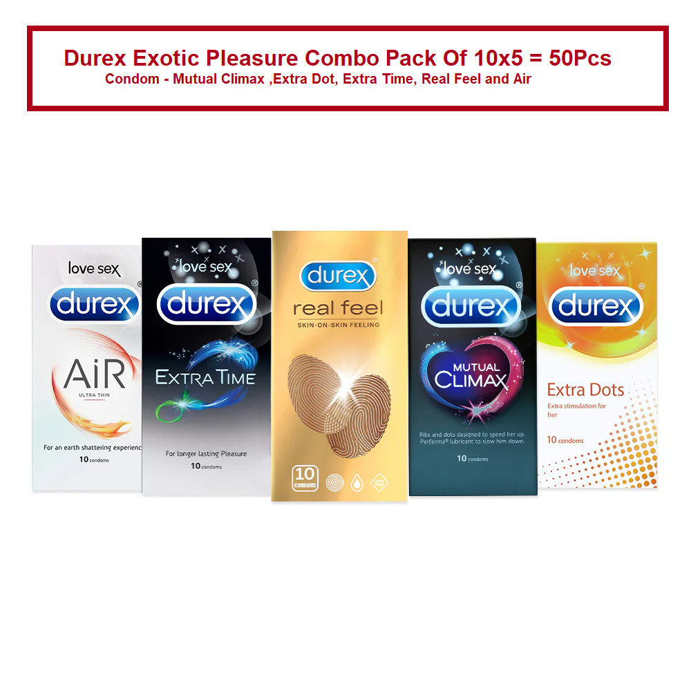 Picture of Durex Exotic Pleasure Combo Pack Of 10x5 = 50Pcs - Condom - Mutual Climax ,Extra Dot, Extra Time, Real Feel and Air