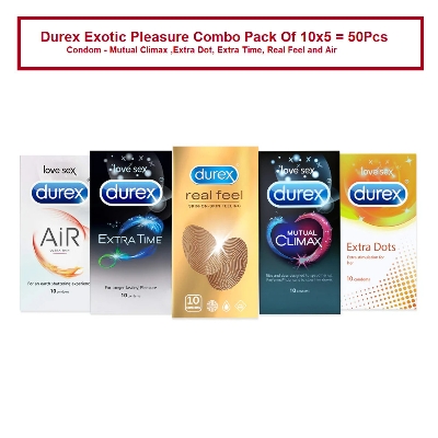 Picture of Durex Exotic Pleasure Combo Pack Of 10x5 = 50Pcs - Condom - Mutual Climax ,Extra Dot, Extra Time, Real Feel and Air