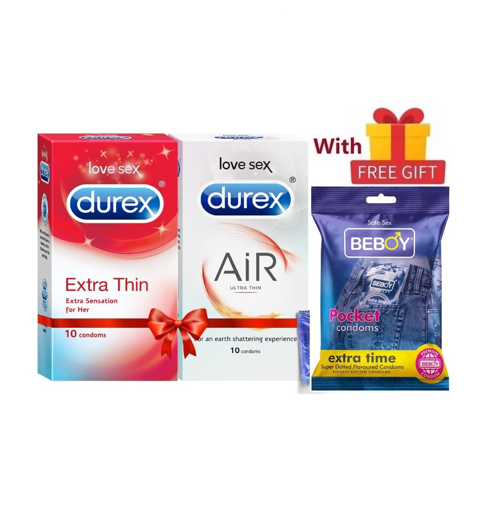 Picture of Durex HERO Combo = 23Pcs Condom + Durex Extra Thin 10s + Durex Air 10s + Beboy Extra Time Paan 3s + Free Gift
