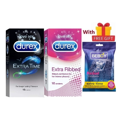 Picture of Durex Xtreme Combo = 23Pcs Condom + Durex Extra Time 10s + Extra Ribbed 10s + Beboy Extra Time Dotted Oud 3s + Free Gift
