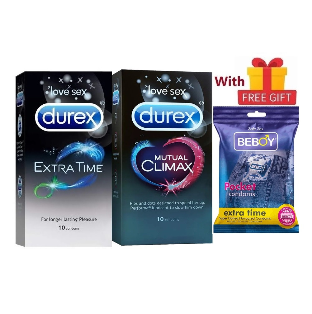 Picture of Durex Inverted Combo = 23Pcs Condom + Durex Mutual Climax 10s + Durex Extra Time 10s + Beboy Extra Time Oud 3s + Free Gift