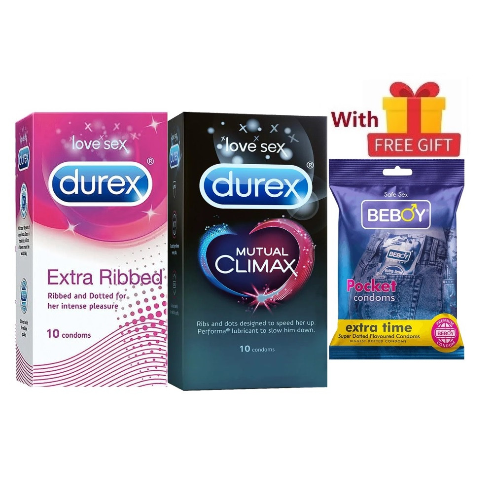Picture of Durex Mutual Meet Combo = 23Pcs Condom + Durex Extra Ribbed 10s + Durex Mutual Climax 10s + Beboy Extra Time Oud 3s + Free Gift
