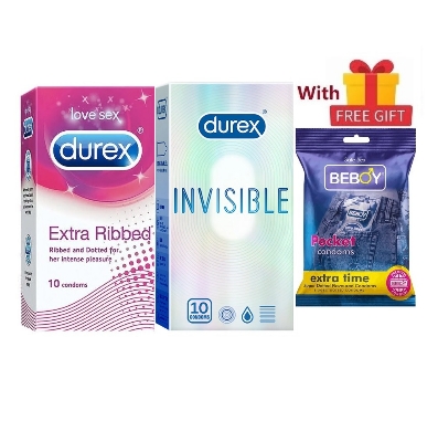 Picture of Durex Invisi Sense Combo = 23Pcs Condom + Durex Extra Ribbed 10s + Durex Invisible 10s + Beboy Extra Time Oud 3s + Free Gift