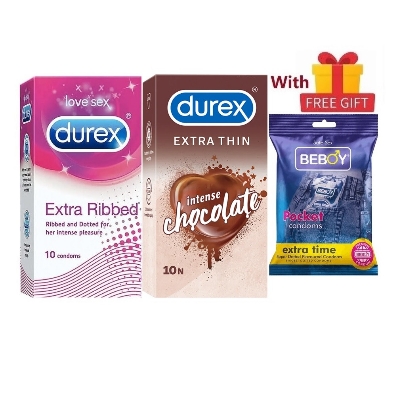 Picture of Durex LoveWrap Combo = 23Pcs Condom + Durex Extra Ribbed 10s + Durex Extra Thin Chocolate 10s + Beboy Extra Time Jasmine 3s + Free Gift