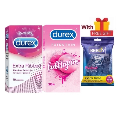 Picture of Durex ElitePro Combo = 23Pcs Condom + Durex Extra Ribbed 10s + Extra Thin Bubblegum 10s + Beboy Extra Time Jasmine 3s + Free Gift