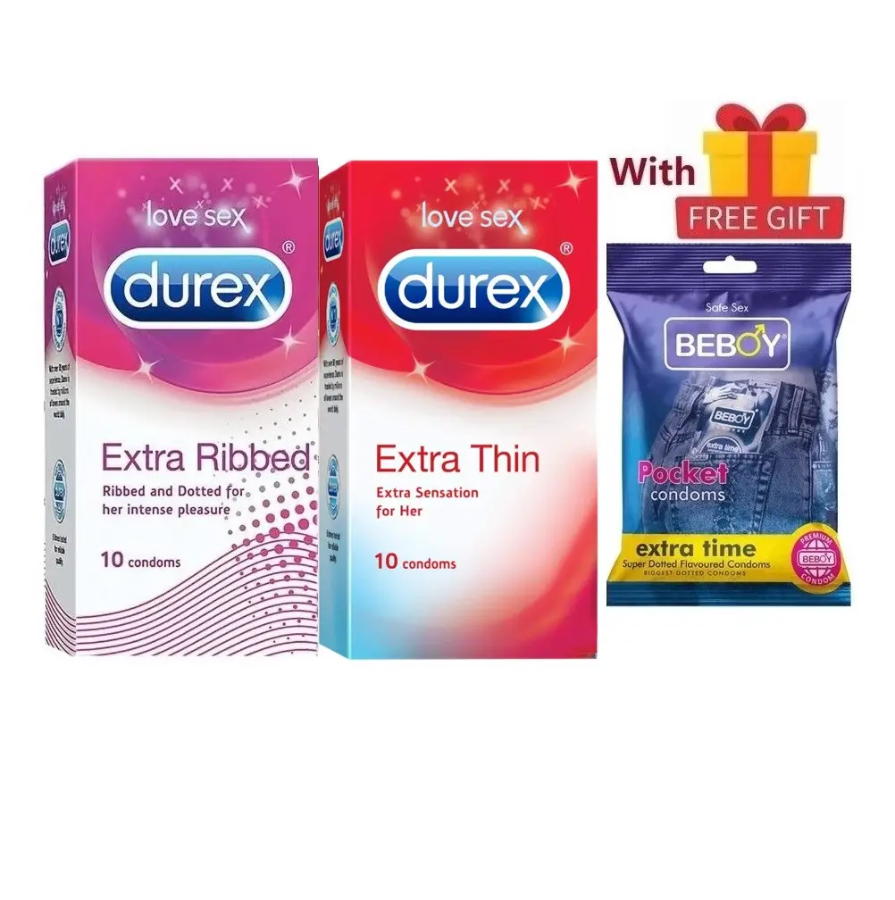Picture of Durex Playful Combo = 23Pcs Condom + Durex Extra Thin 10s + Durex Extra Ribbed 10s + Beboy Extra Time Jasmine 3s + Free Gift