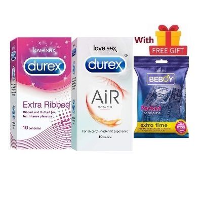 Picture of Durex Amore Love Combo = 23Pcs Condom + Durex Air 10s + Durex Extra Ribbed 10s + Beboy Extra Time Merigold 3s + Free Gift