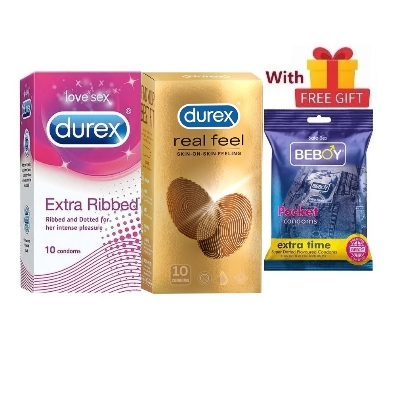 Picture of Durex Real Love Combo = 23Pcs Condom + Durex Real Feel 10s + Durex Extra Ribbed 10s + Beboy Extra Time Merigold 3s + Free Gift