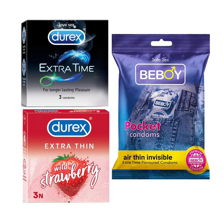 Picture of Durex UltraSafe Combo = 9Pcs Condom + Durex Extra Time 3s + Durex Strawberry 3s + Beboy Air Thin Invisible 3s Condom