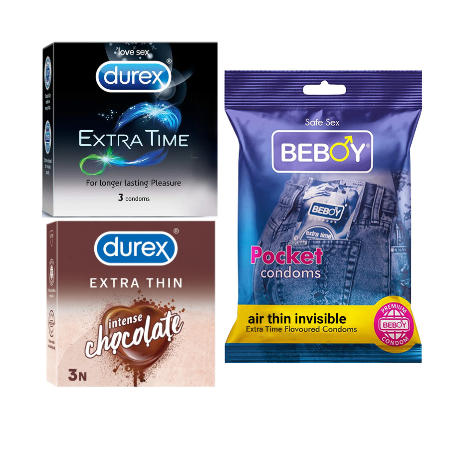 Picture of Durex ShieldBond Combo = 9Pcs + Durex Extra Time 3s + Durex Chocolate 3s + Beboy Air Thin Invisible 3s Condom